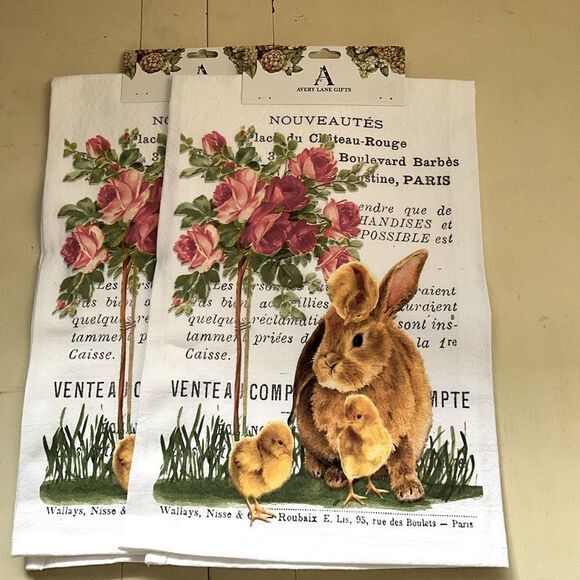 Avery Lane Gifts Tea Towels Set of 2 Bunny Chicks Flowers Springtime NWT - Picture 1 of 8